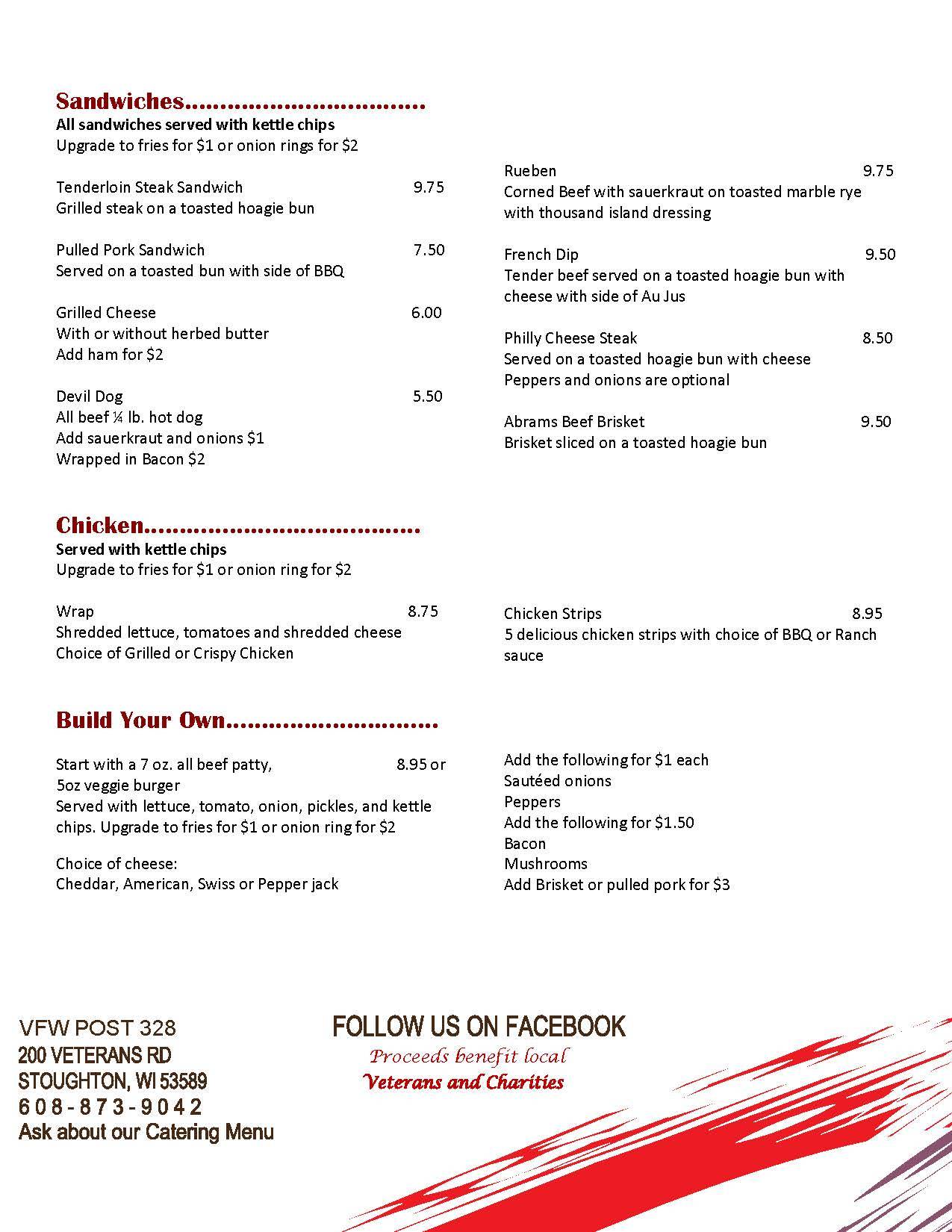 Menu at Stoughton VFW restaurant, Stoughton