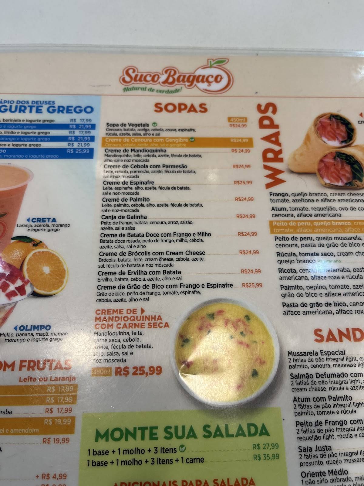 Suco Bagaço cardápio