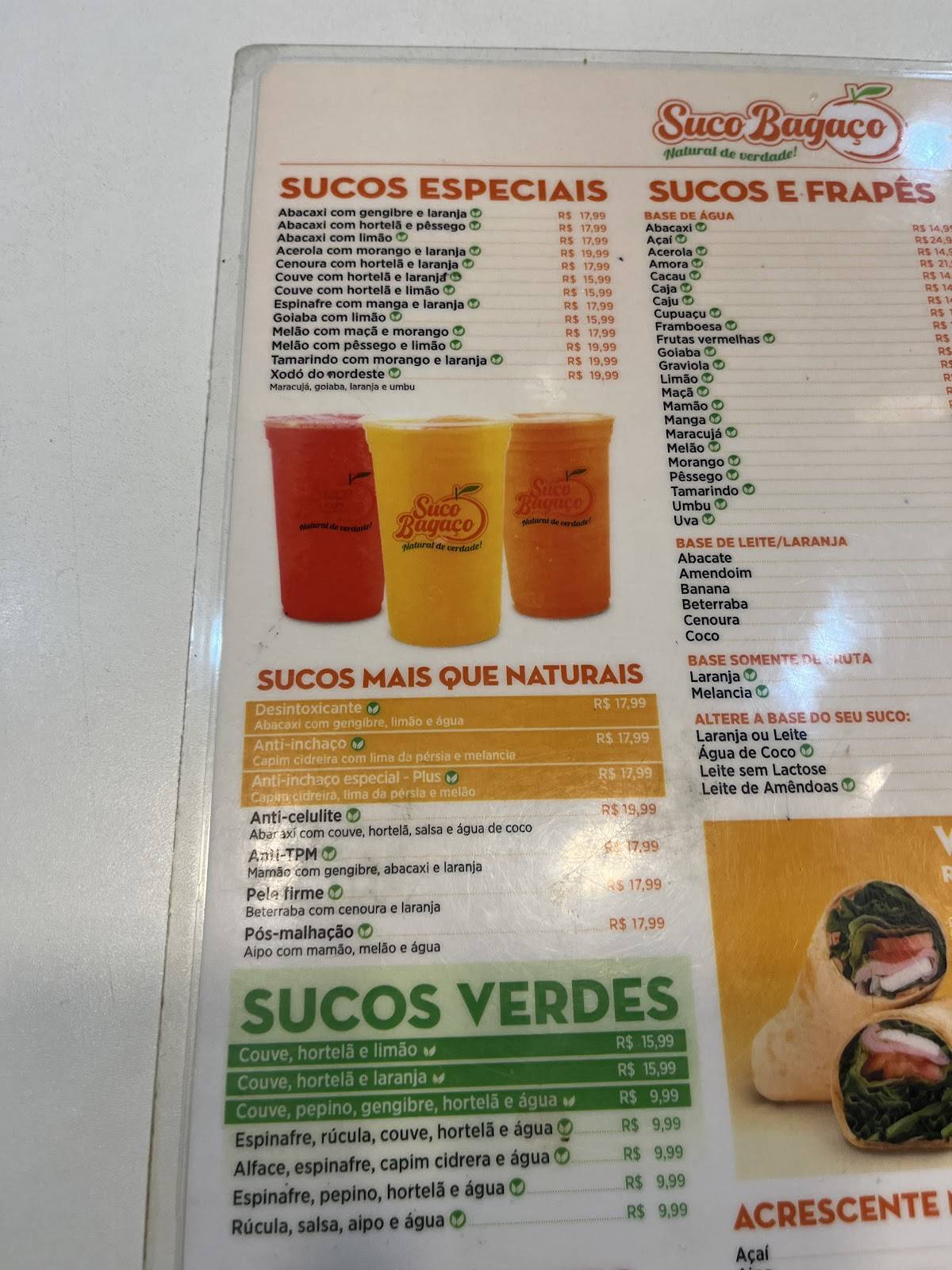Suco Bagaço cardápio