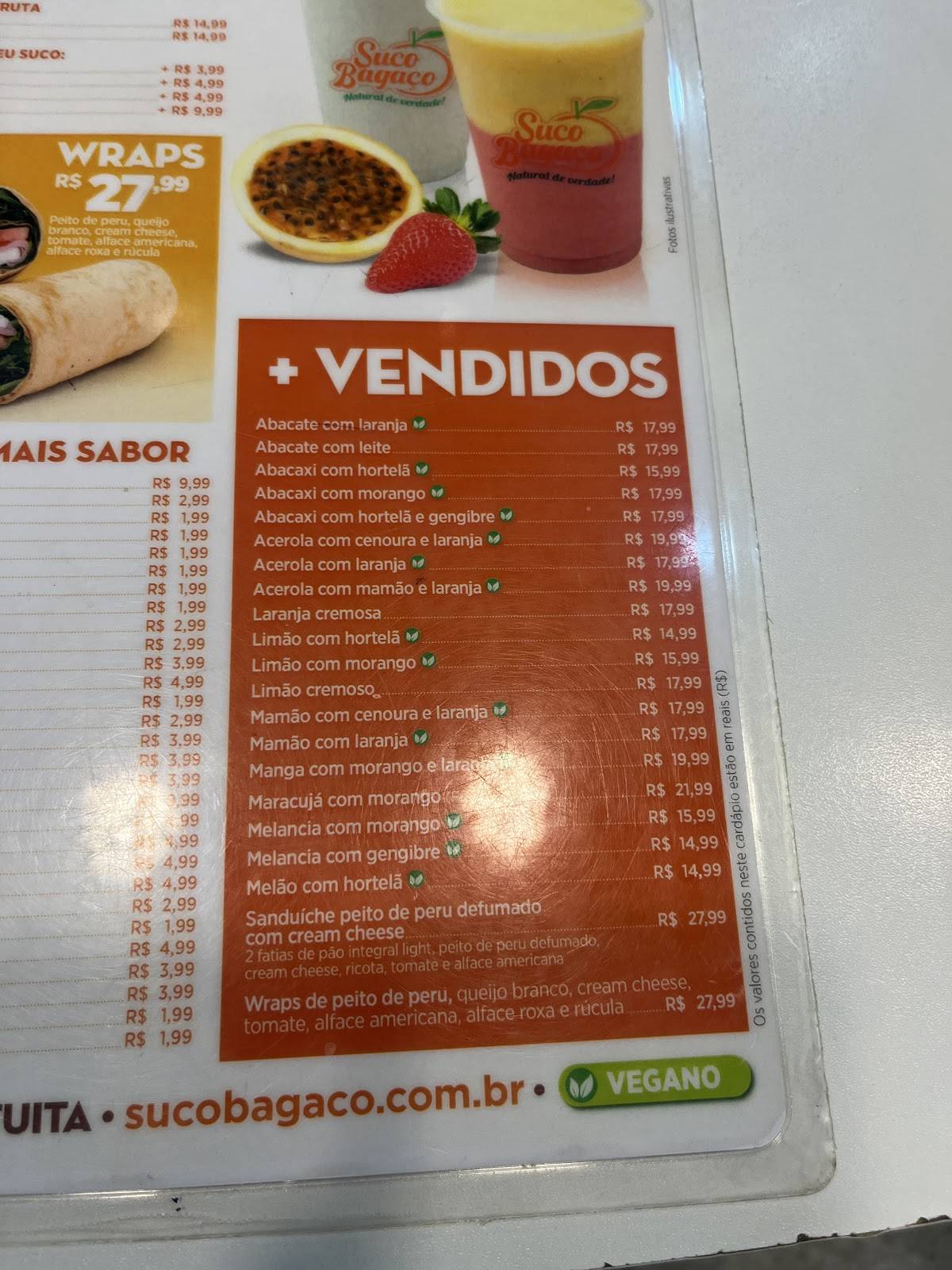 Suco Bagaço cardápio