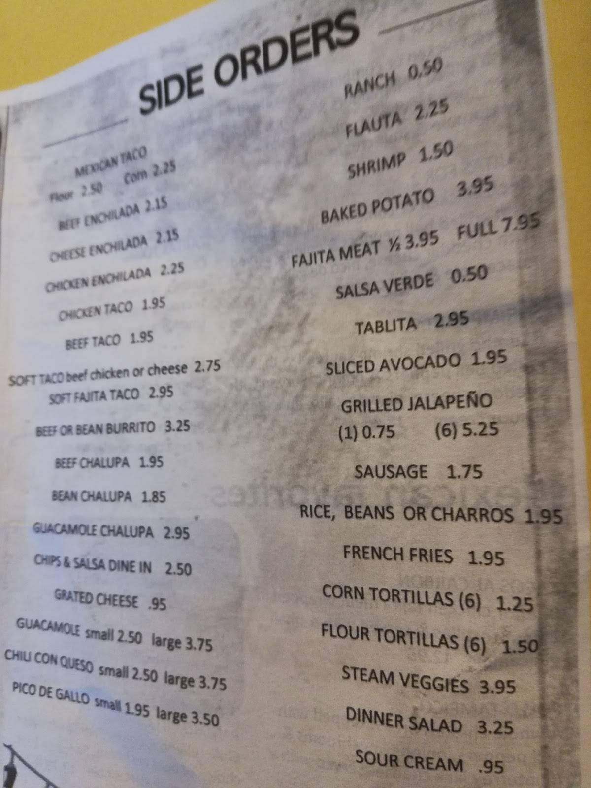Menu at Don Lalo's, SS restaurant, Sulphur Springs