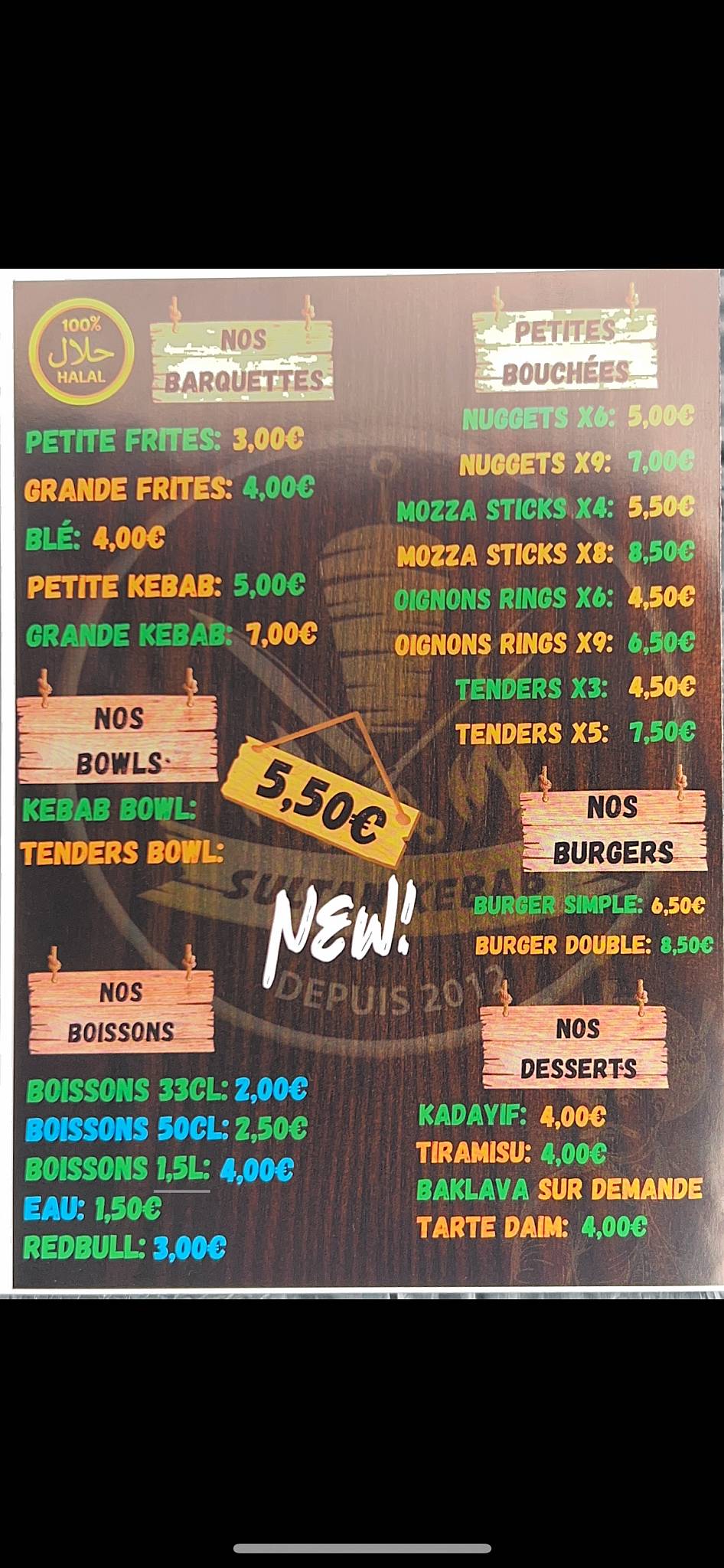 Menu de Sultan Kebab
