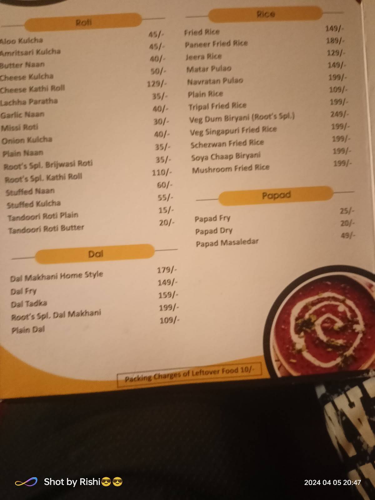 Roots Restaurant menu