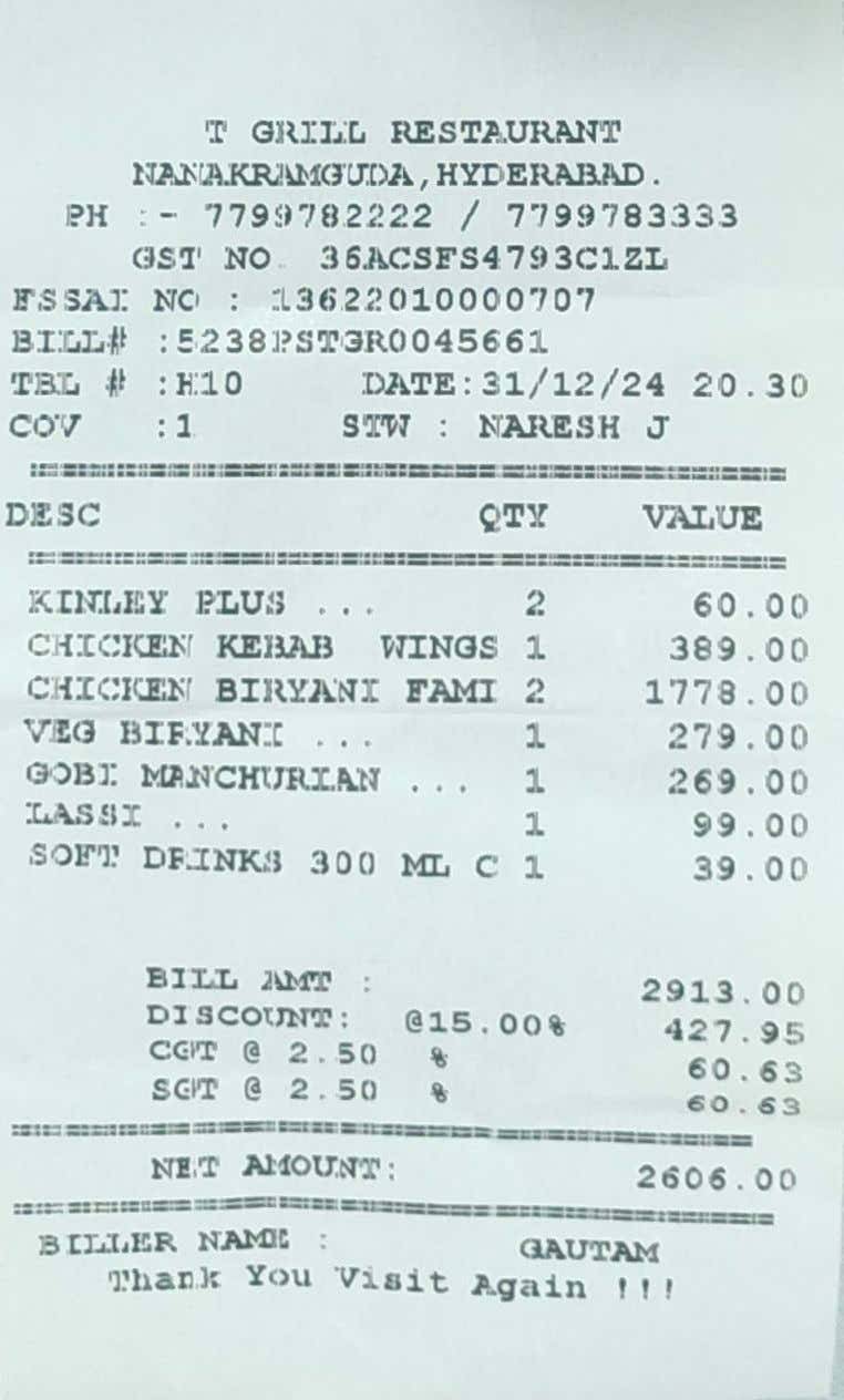 T Grill Restaurant menu