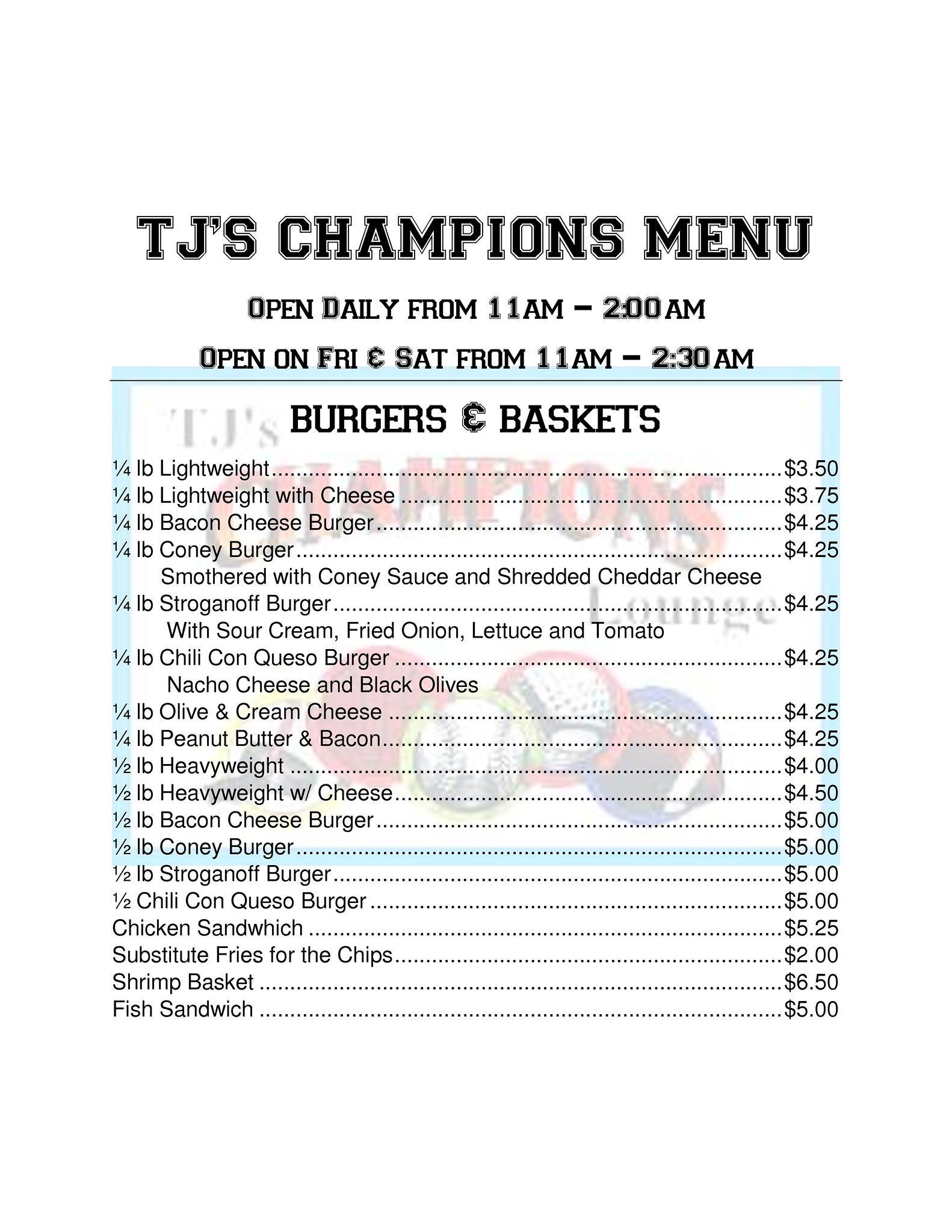 Menu at TJ s Champions Bar Grill Superior