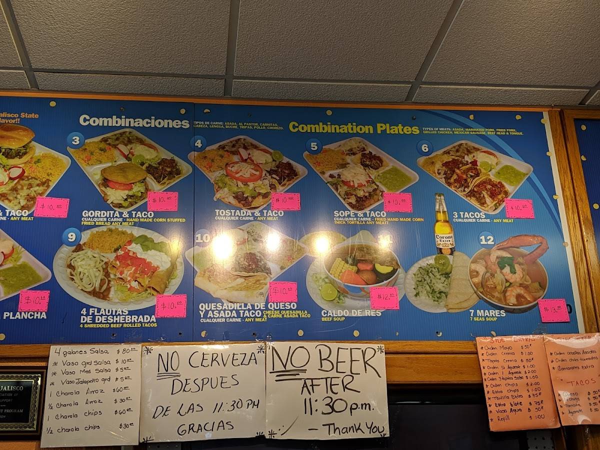 Menu at Tacos Jalisco restaurant, Dodge City