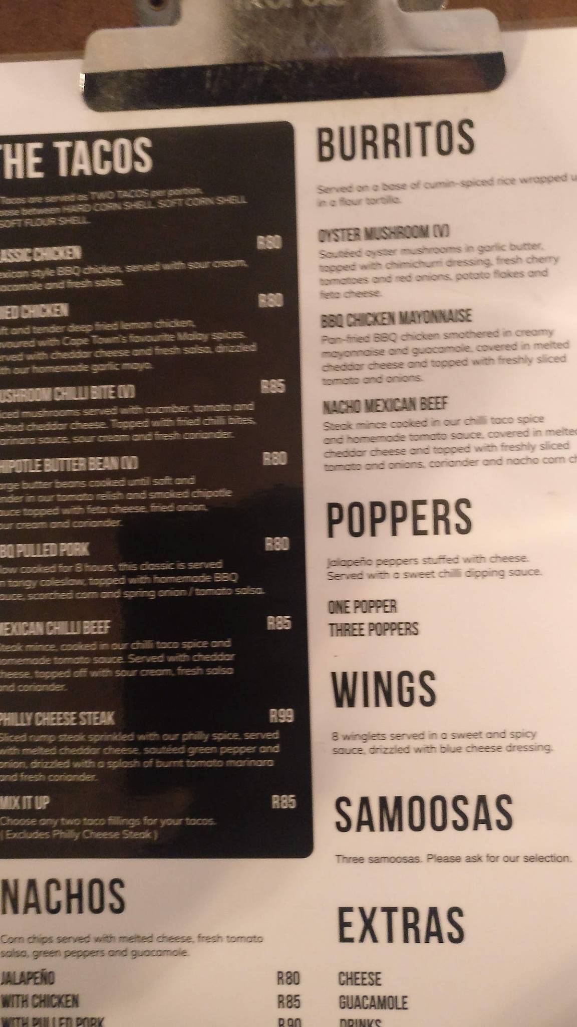 Menu at Tacos Locos restaurant, Cape Town