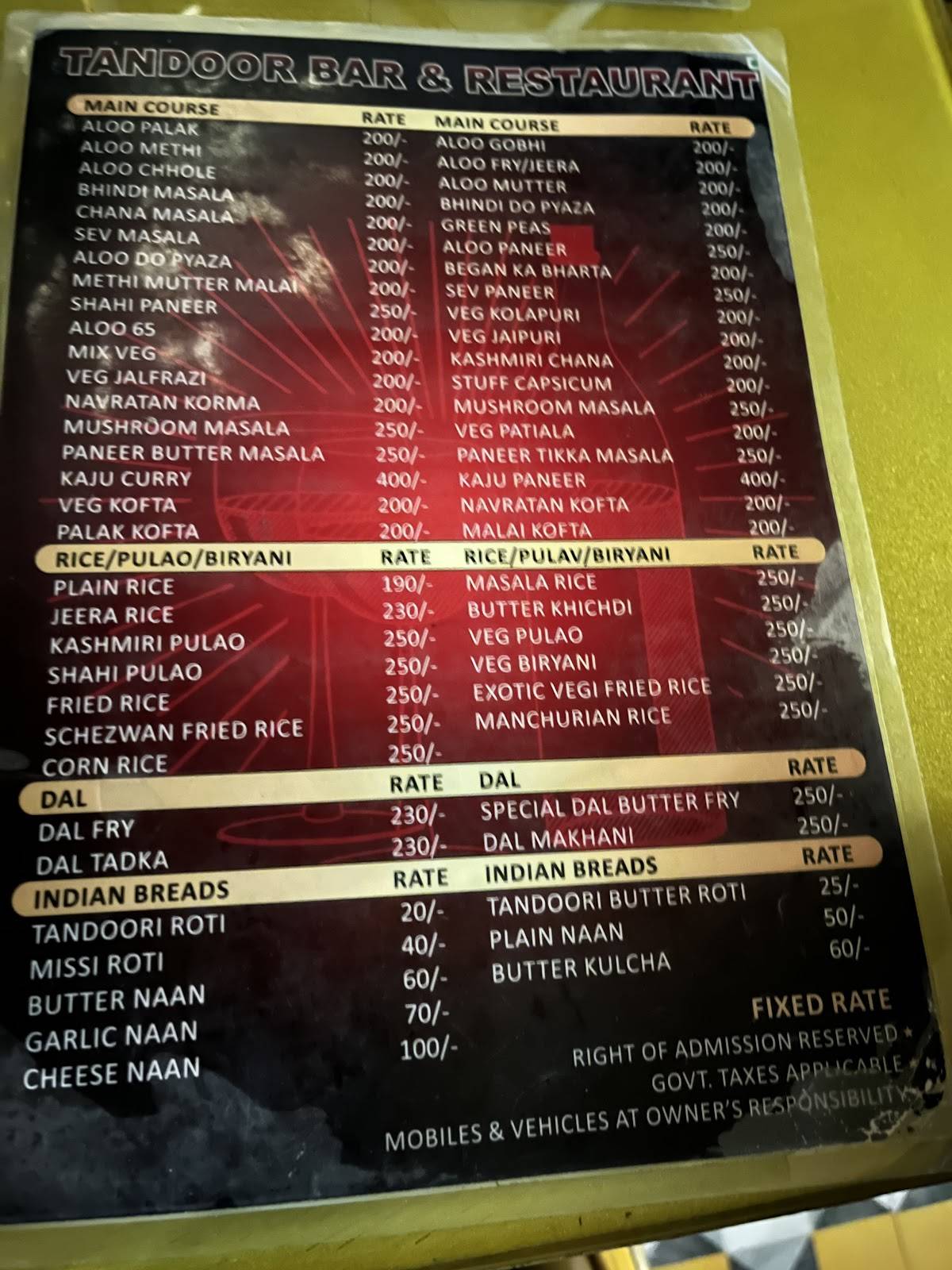Tandoor Club and Bar menu