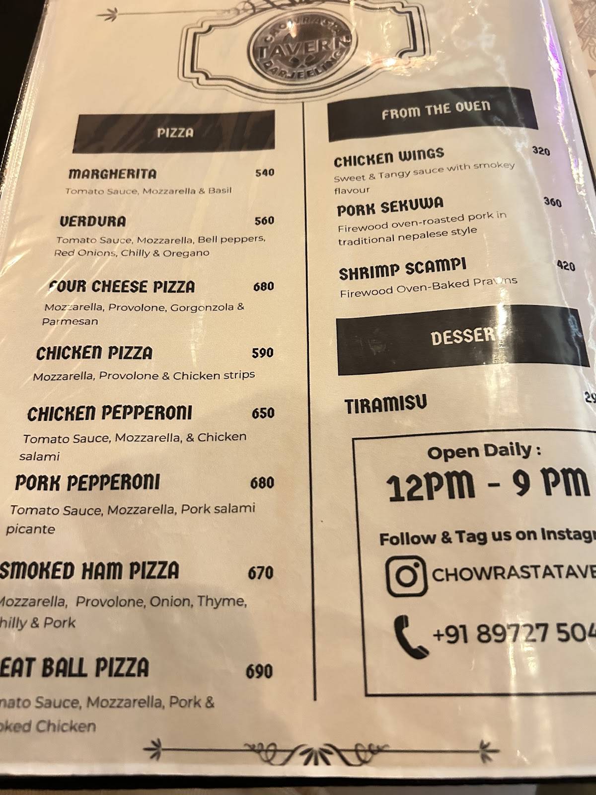 Tavern menu