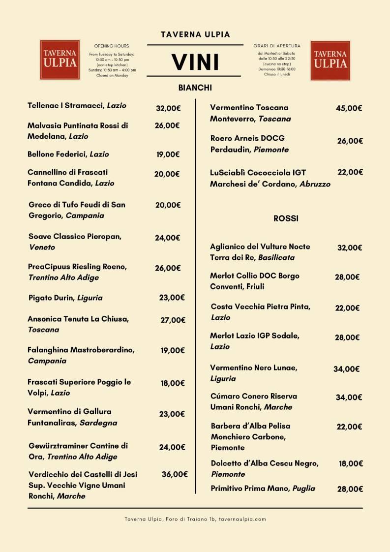Menu di Taverna Ulpia 
