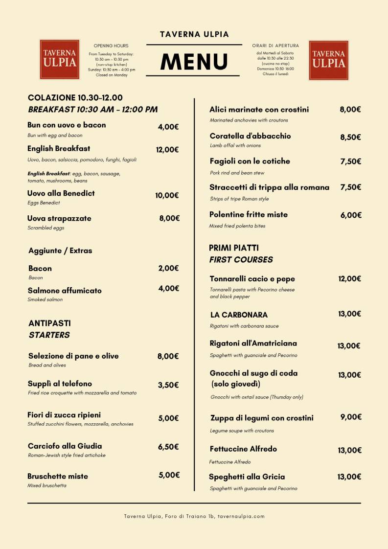 Menu di Taverna Ulpia 