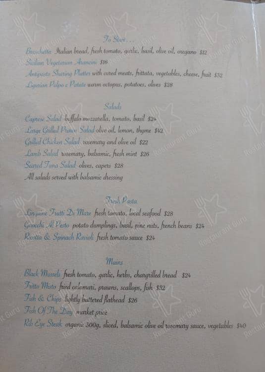 Menu at Baithouse in the Tea Garden Watsons Bay restaurant, Watsons Bay