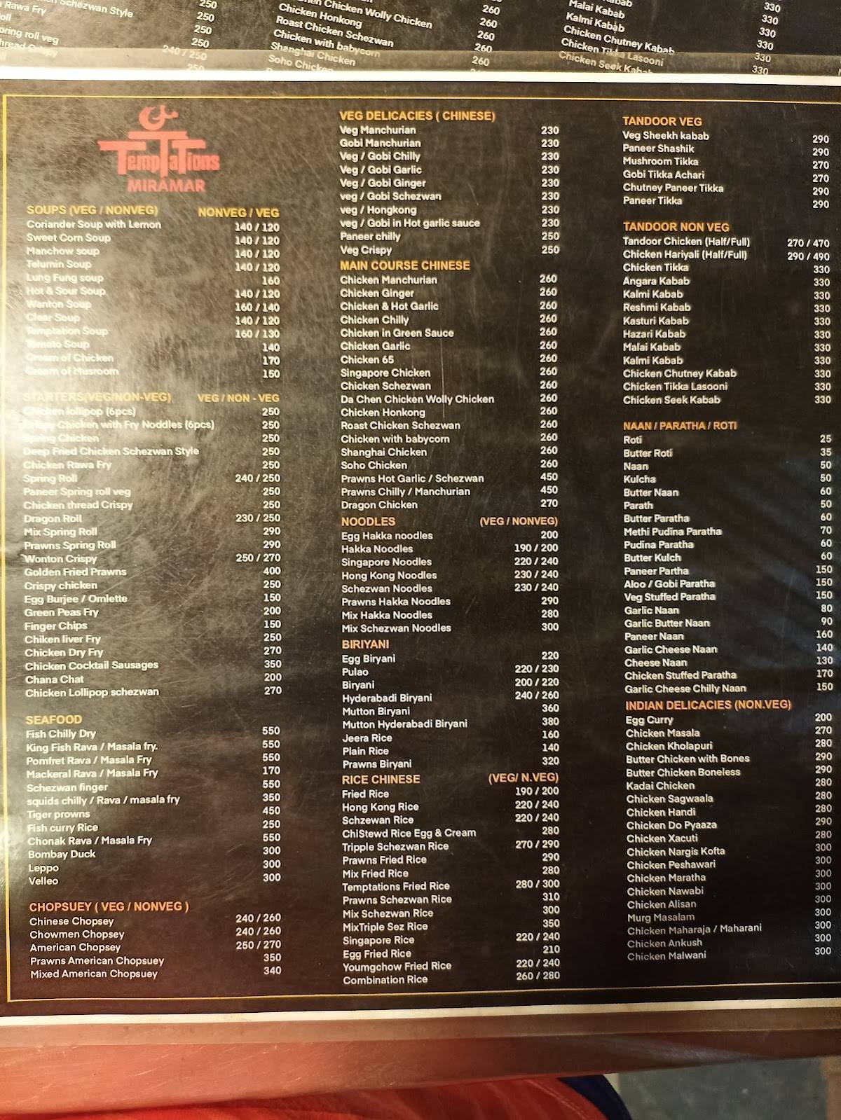 Temptations Bar and Restaurant menu