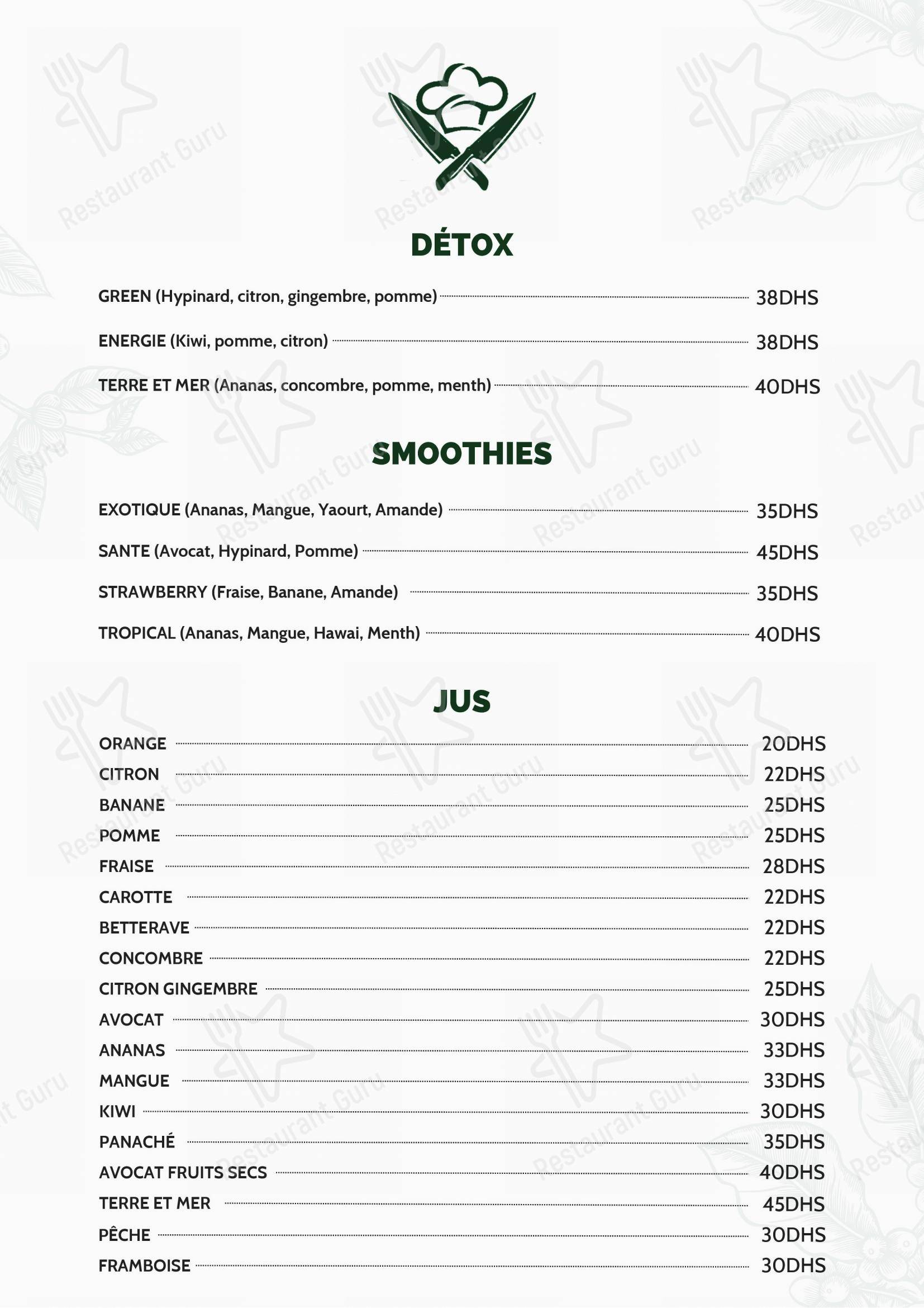 Menu pour Terre et Mer restaurant