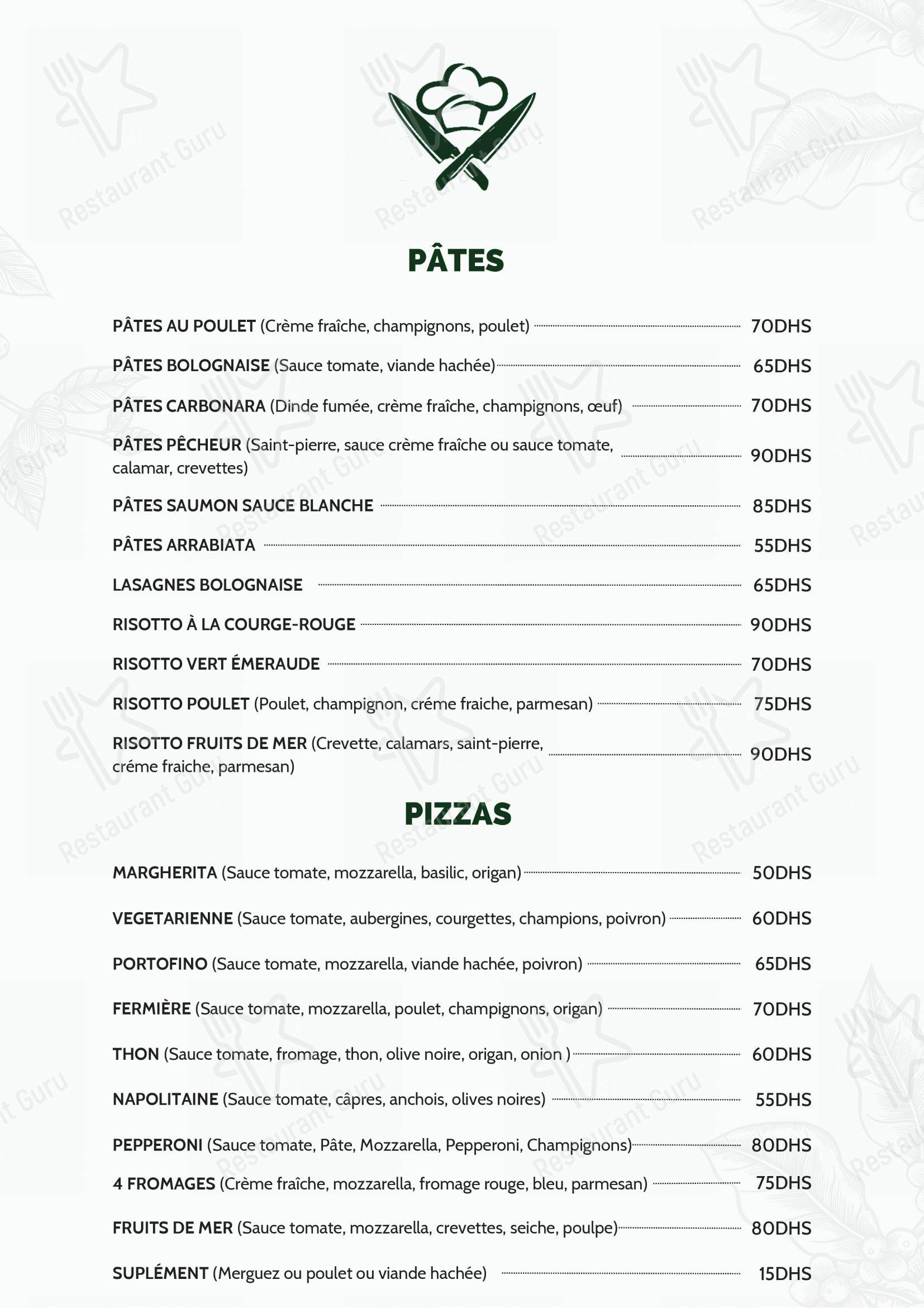 Menu pour Terre et Mer - Menu