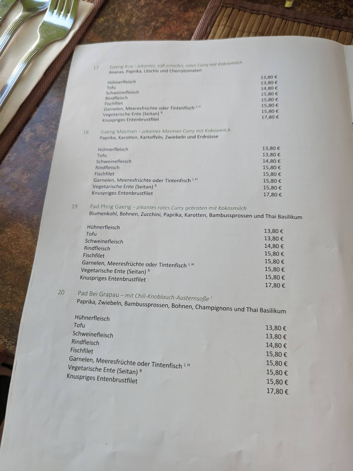 Menu de Thai-Bamboo