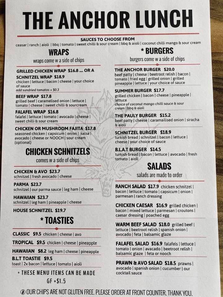 Menu at The Anchor at Lakes Beach restaurant, Budgewoi