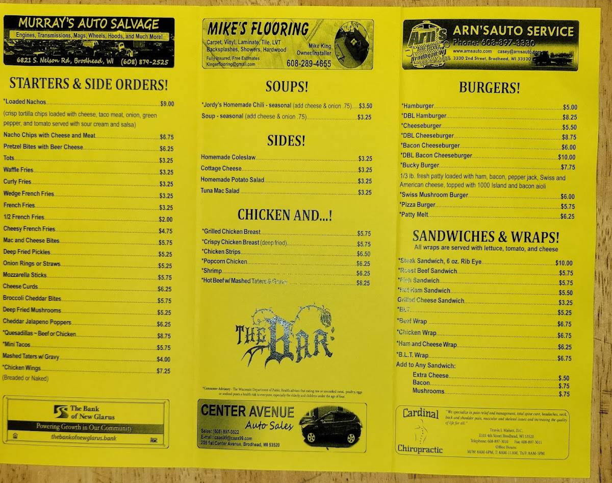 Menu at The Bar, Brodhead