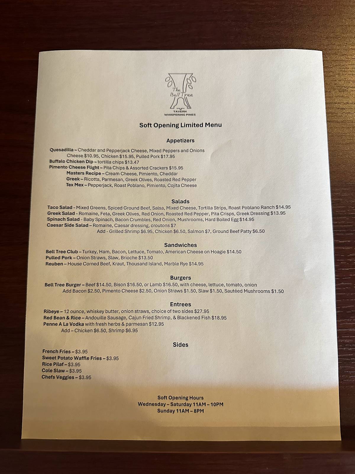Menu at The Bell Tree Tavern Whispering Pines restaurant, Whispering Pines