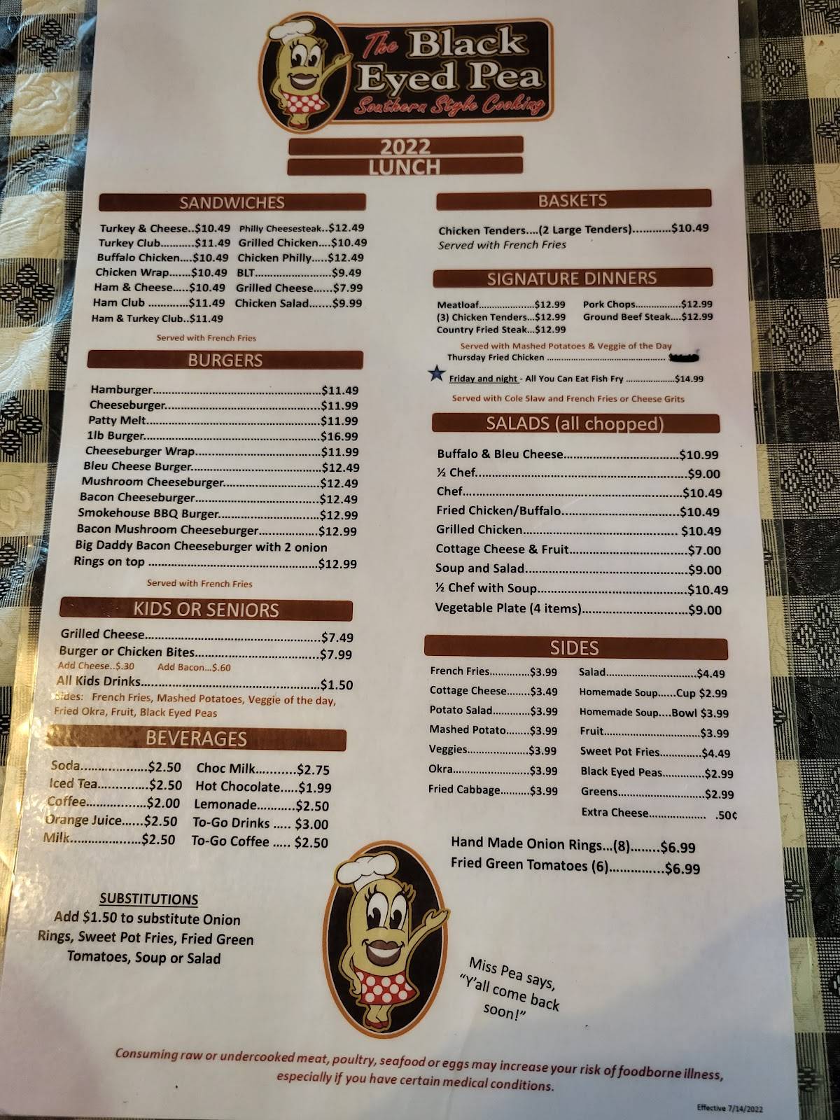 Menu at The Black Eyed Pea restaurant, Dade City, US301