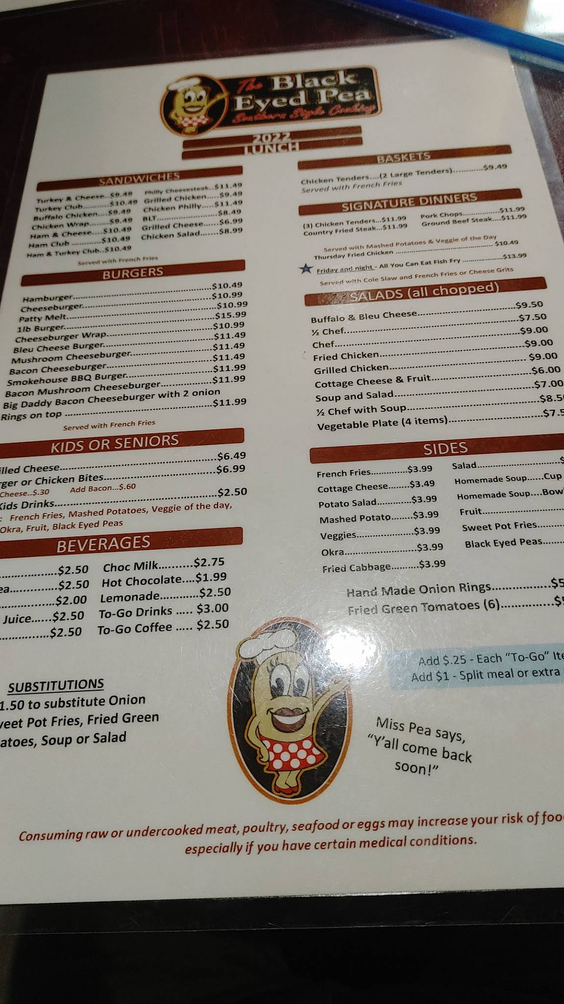 Menu at The Black Eyed Pea restaurant, Dade City, US301