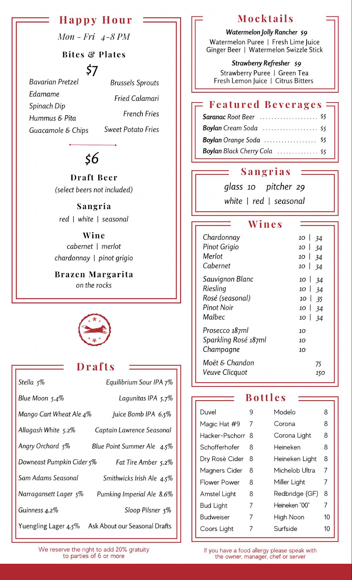 Menu at The Brazen Fox pub & bar, White Plains