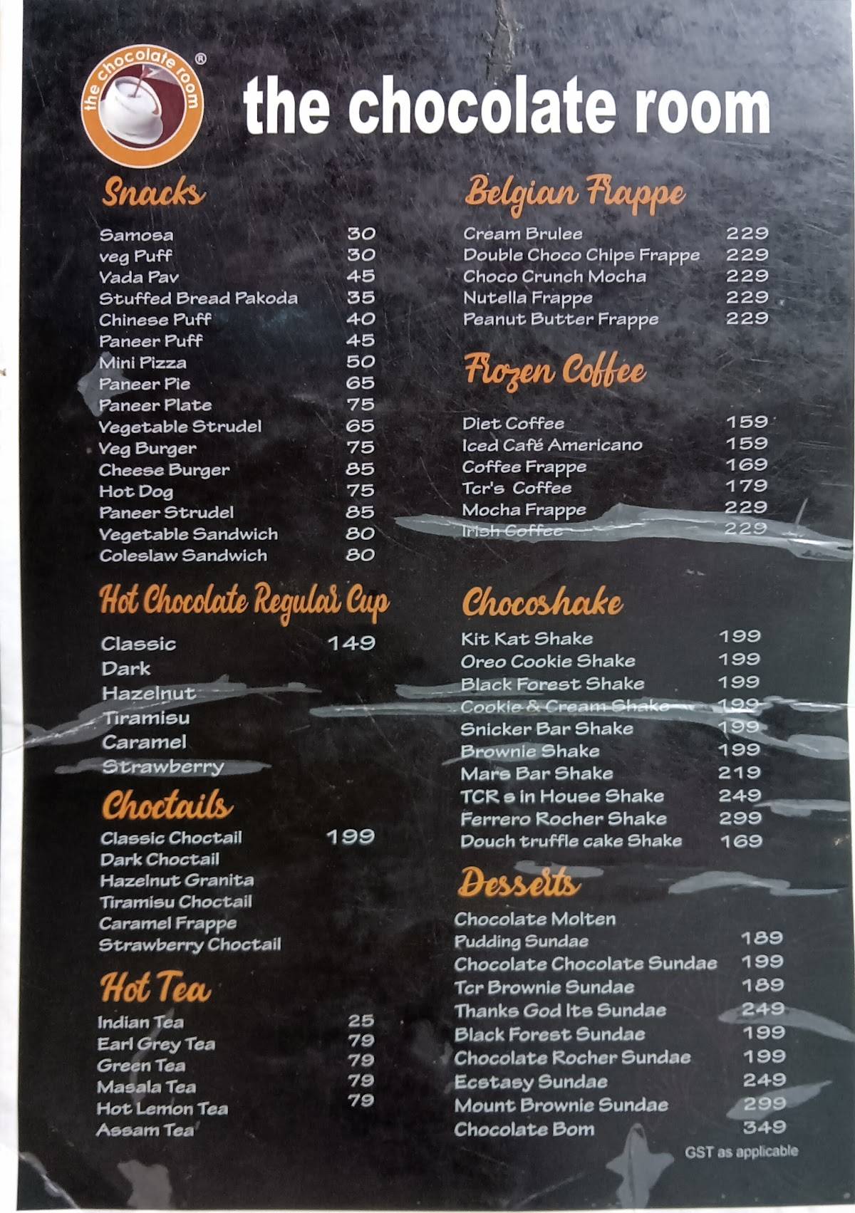 The chocolate room menu