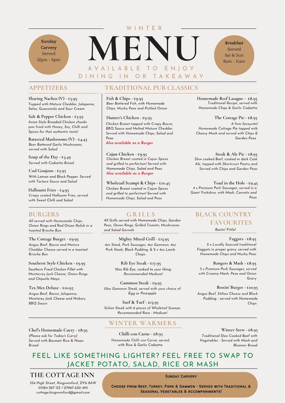 Menu at The Cottage Inn pub & bar, Kingswinford, 534 High St