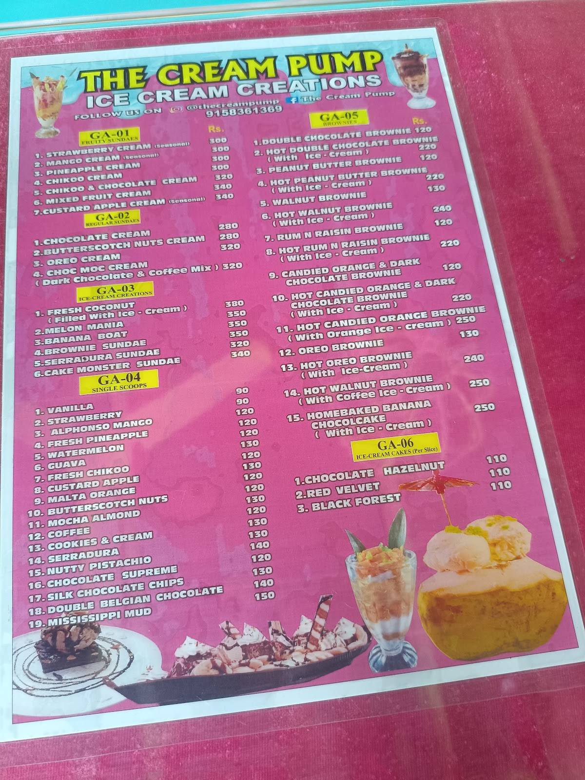 The Cream Pump menu