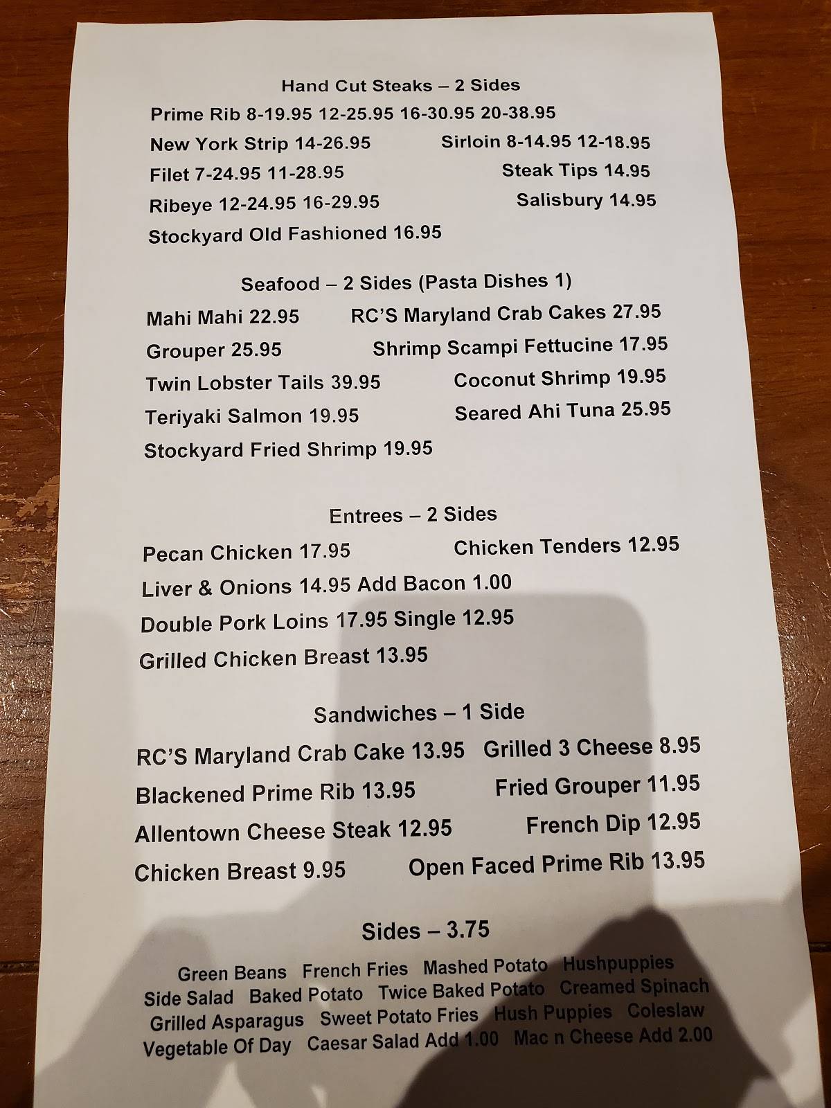 Menu at The DeLand Stockyard steakhouse, DeLand