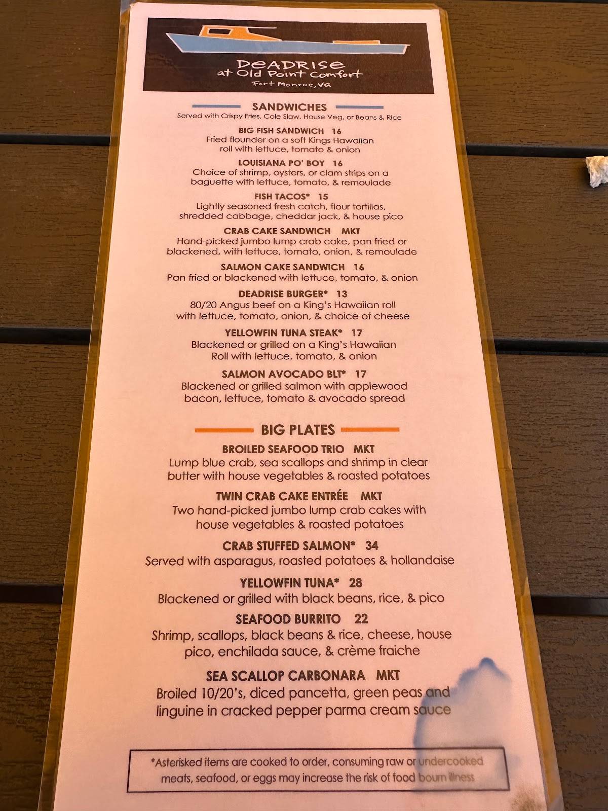 Menu at The Deadrise restaurant, Hampton, 100 McNair Dr