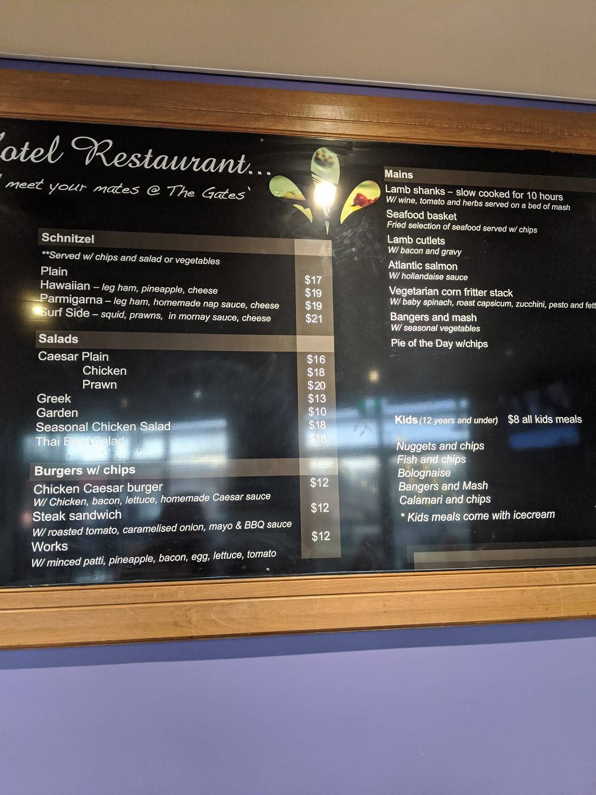 Menu at The Gates Hotel pub & bar, Adamstown