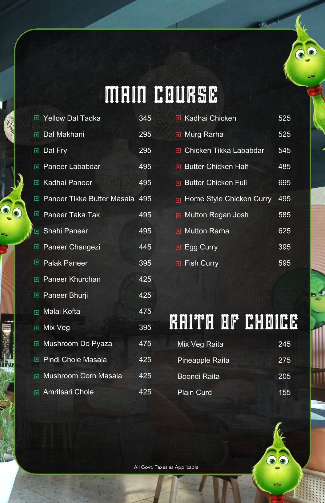 The Grinch Resto Bar Best Restaurant Bar in Kharar Mohali menu