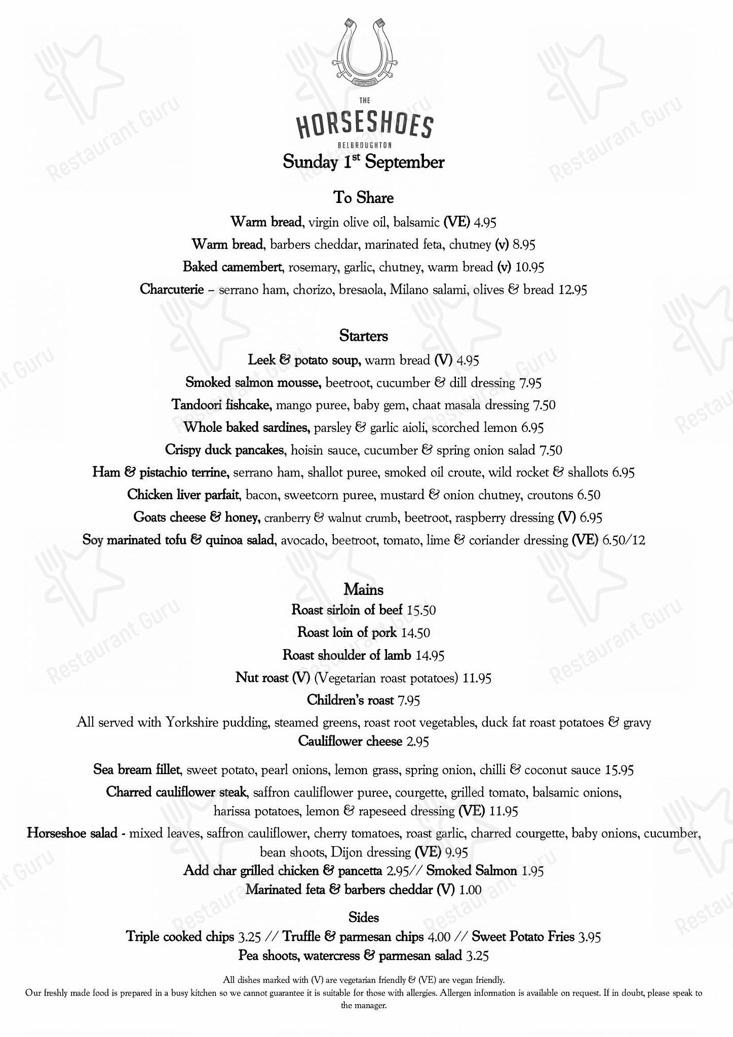 Menu at The Ye Olde Horseshoe Inn pub & bar, Stourbridge
