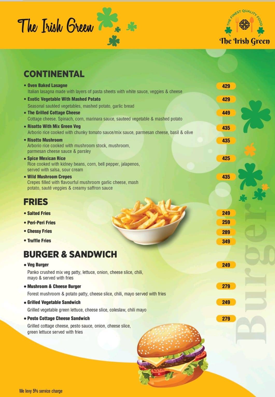 The Irish Green menu