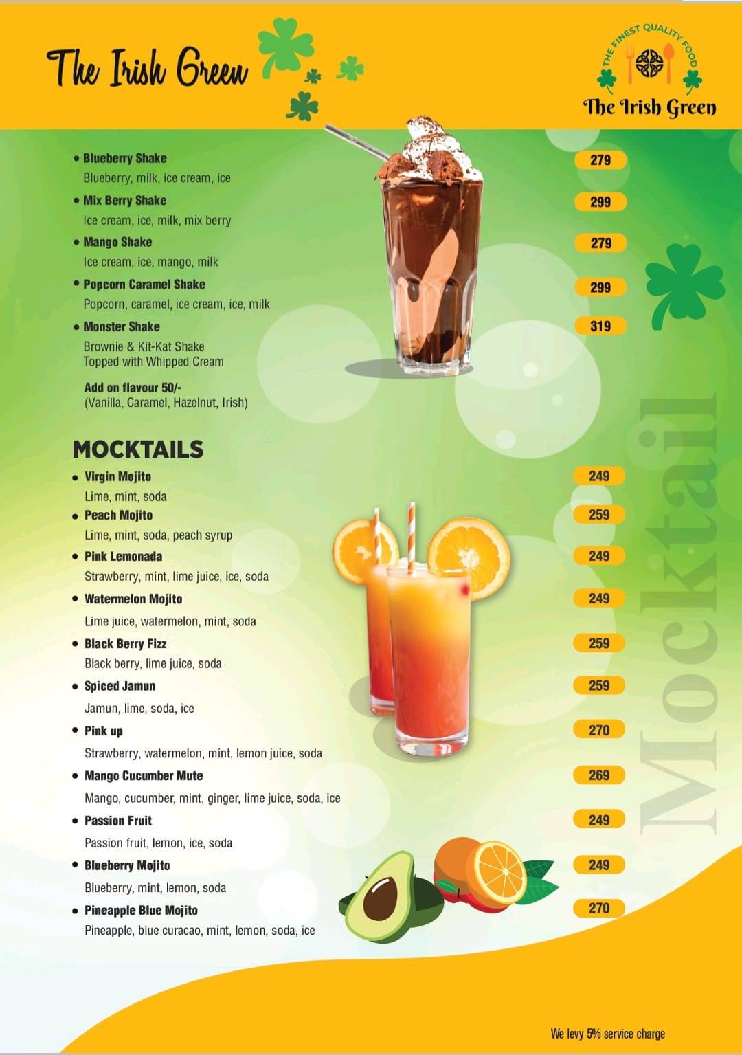 The Irish Green menu