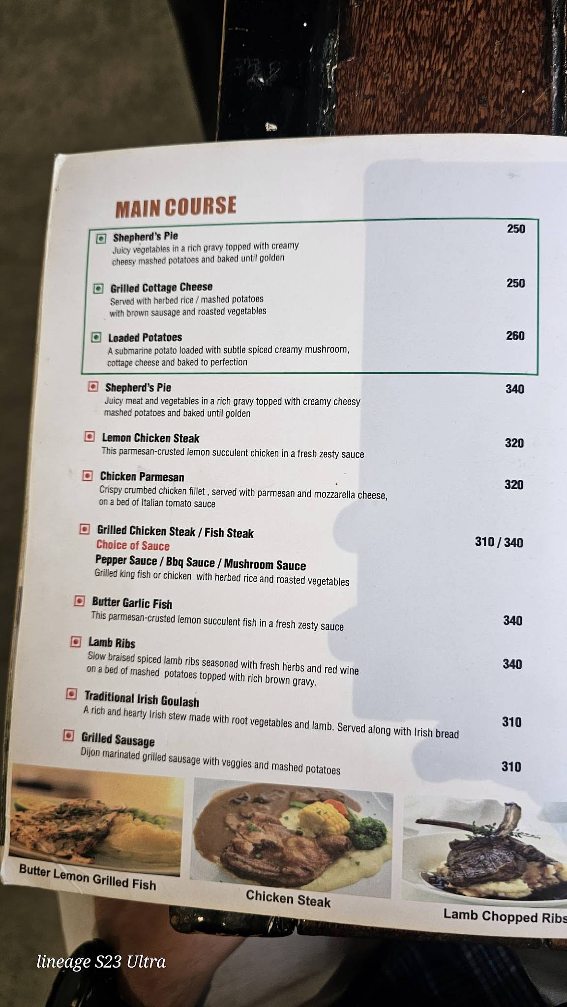 The Irish cafe menu