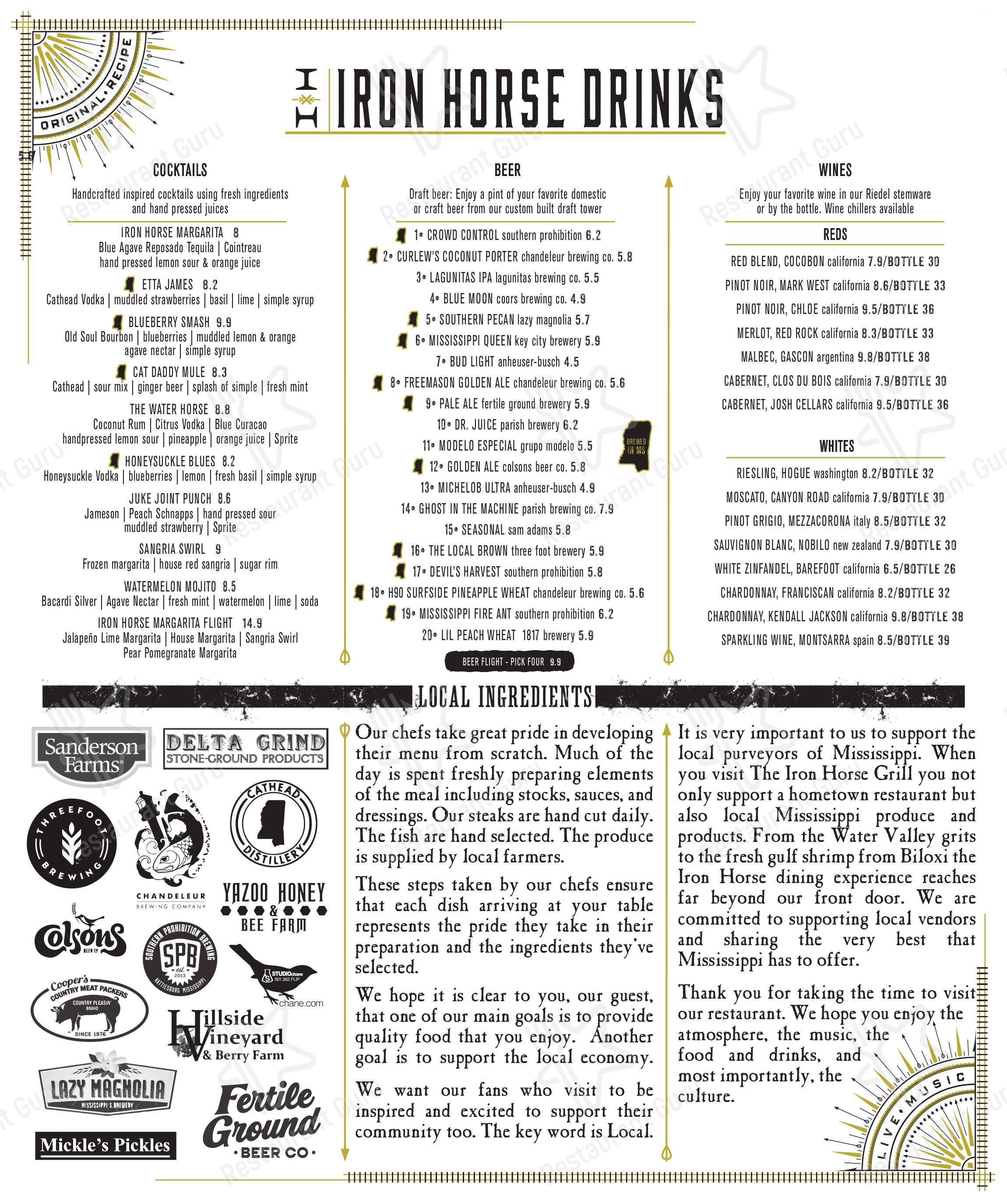 Menu at The Iron Horse Grill restaurant, Jackson
