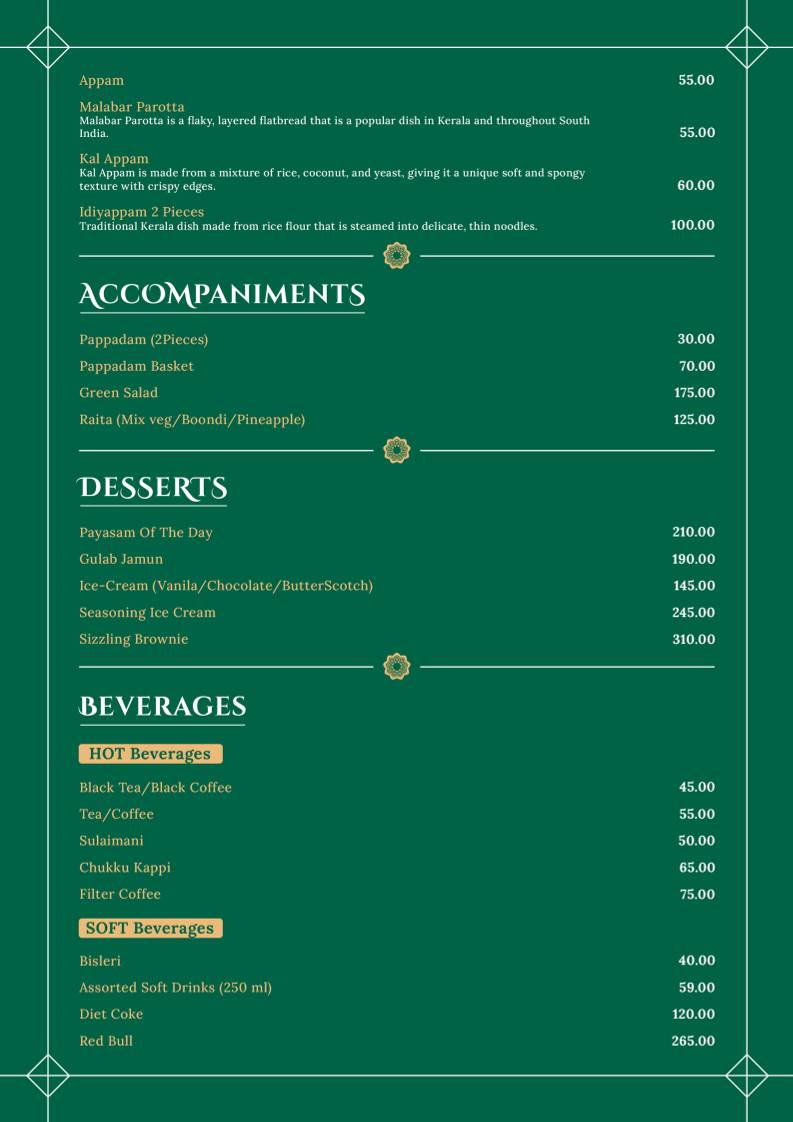 The Kerala Table menu