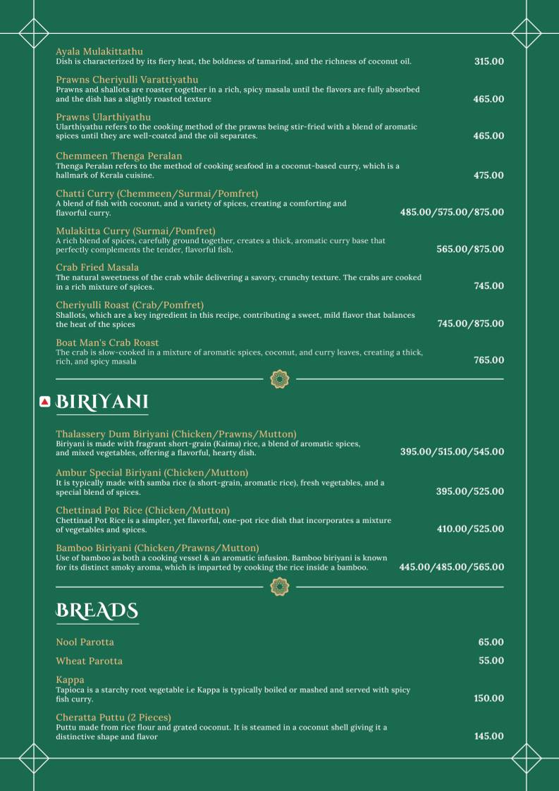 The Kerala Table menu