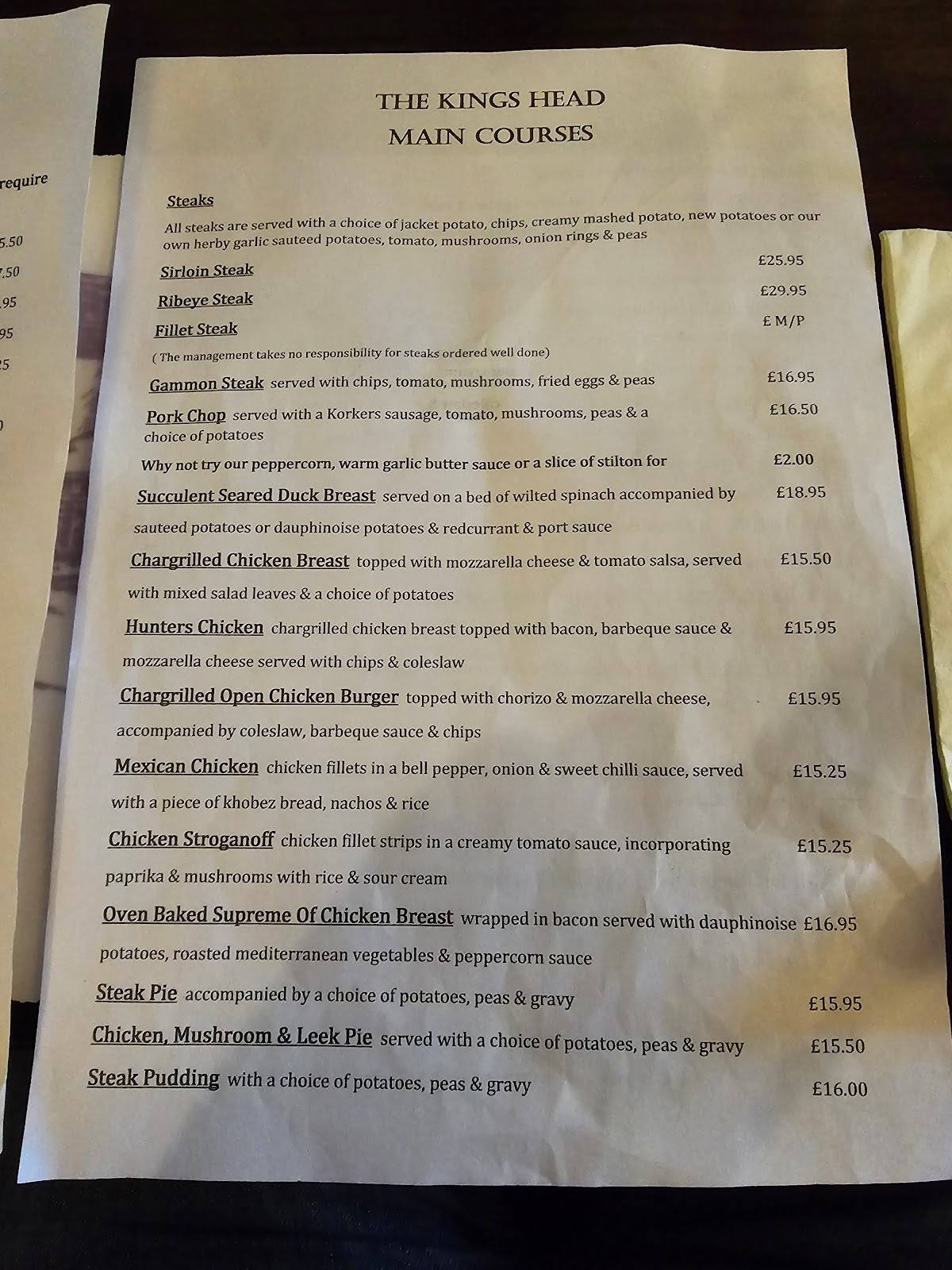 Menu at The Kings Head pub & bar, Hailsham