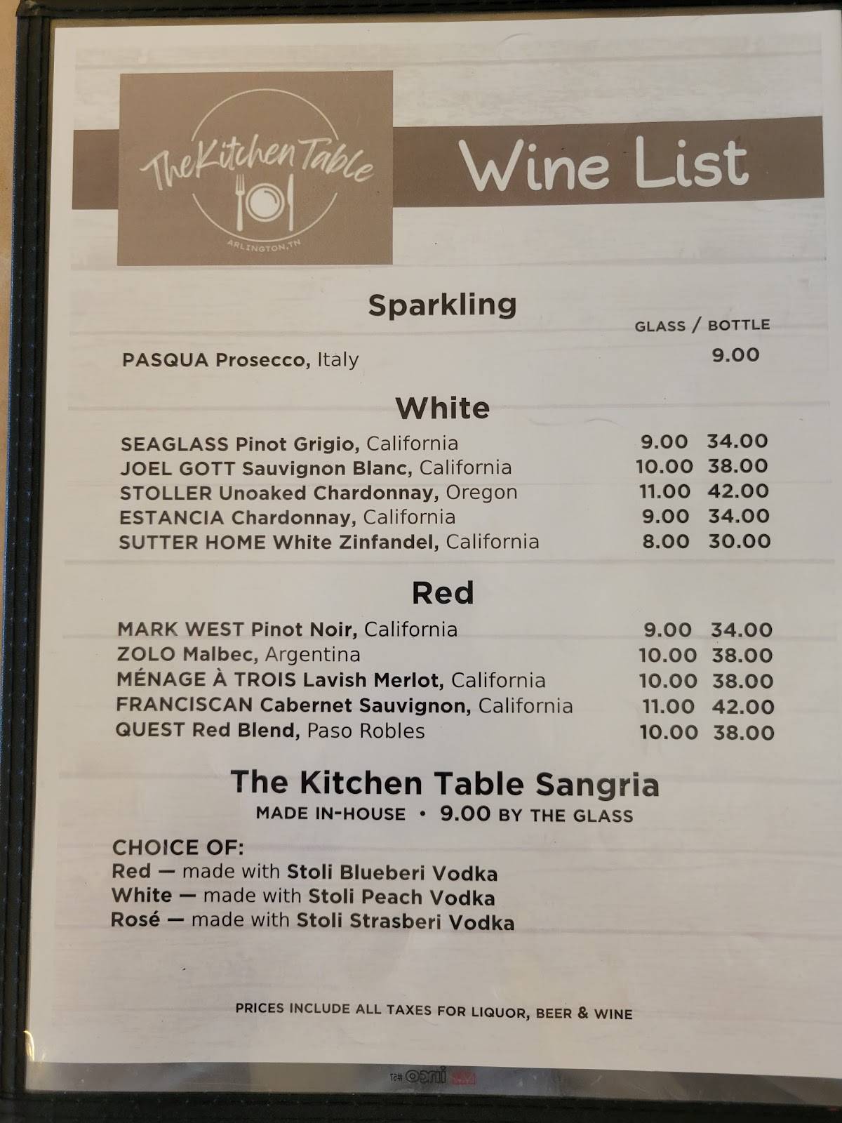 Menu at the kitchen table restaurant arlington