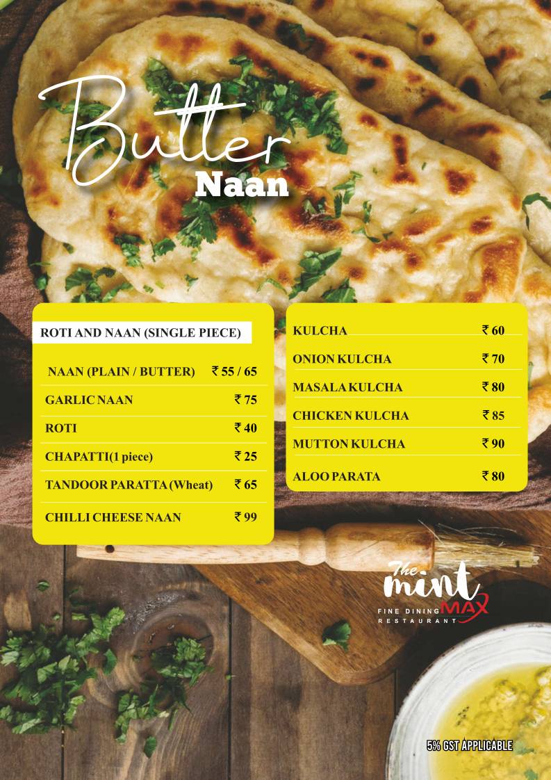 The Mint Max Restaurant menu