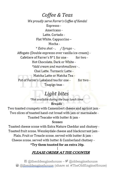 Menu at The Old Engine House cafe, Carlisle