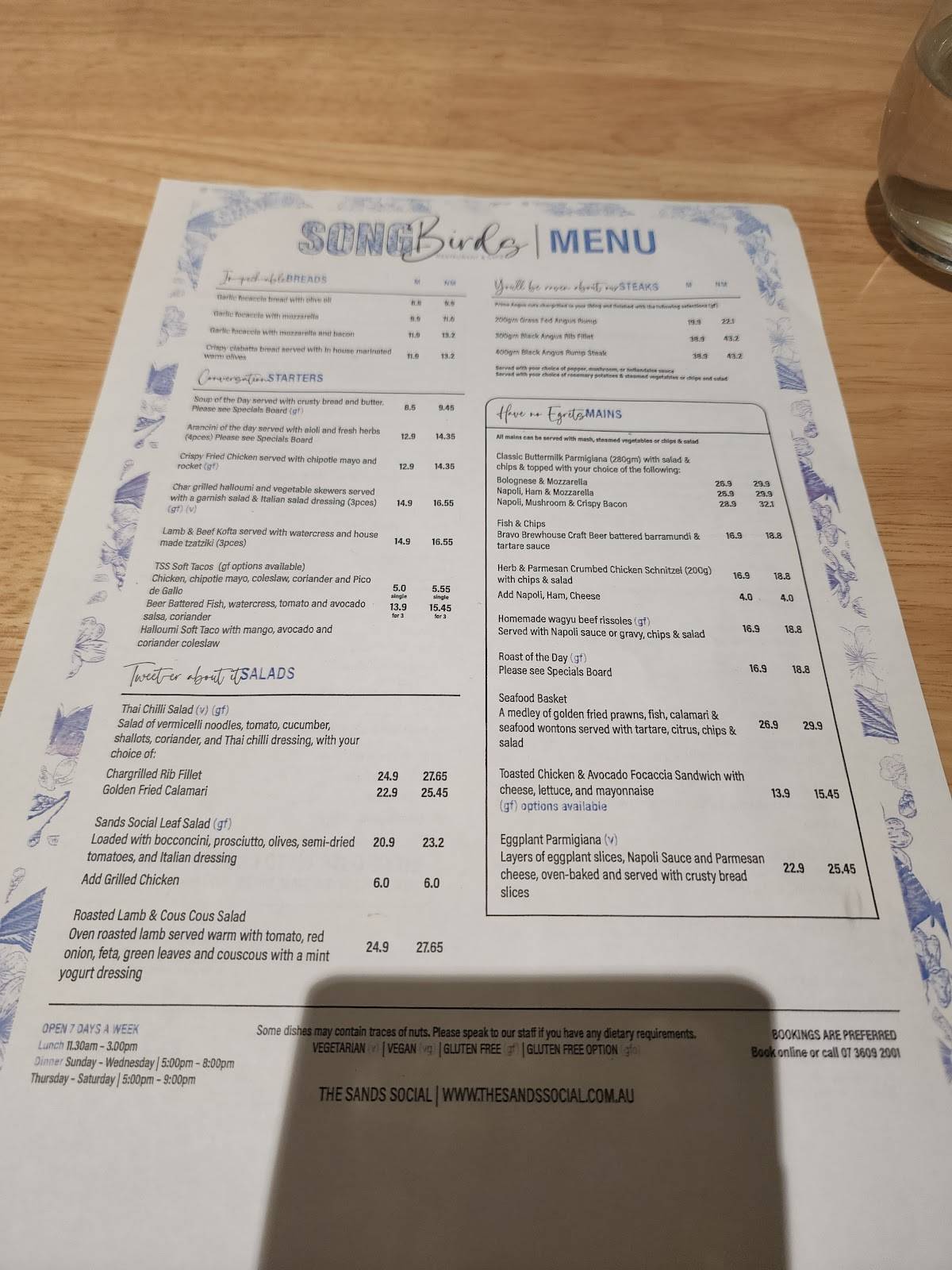 Menu at The Sands Social restaurant, Sandgate