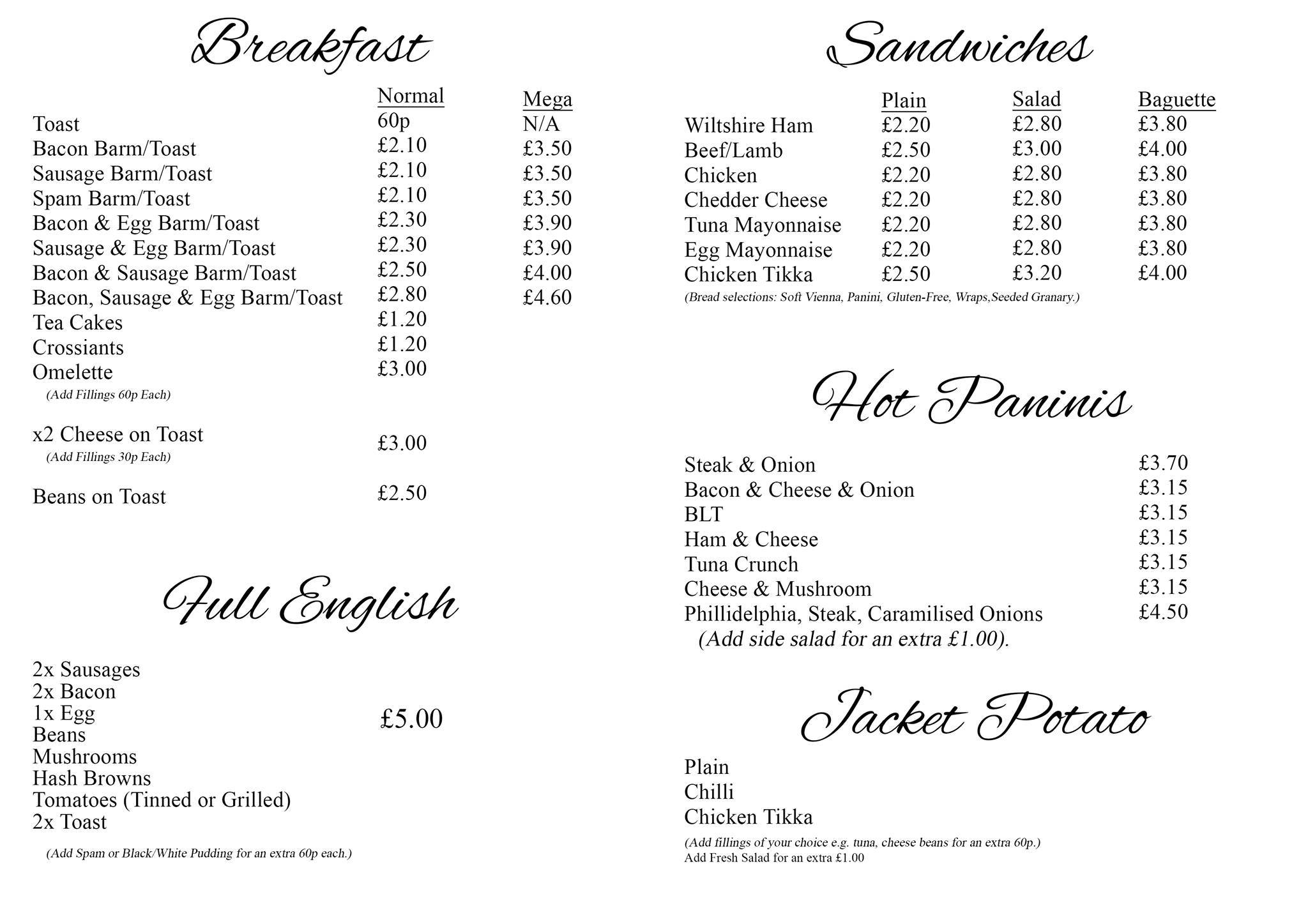 Menu at The Tea Cup Cafe, Manchester