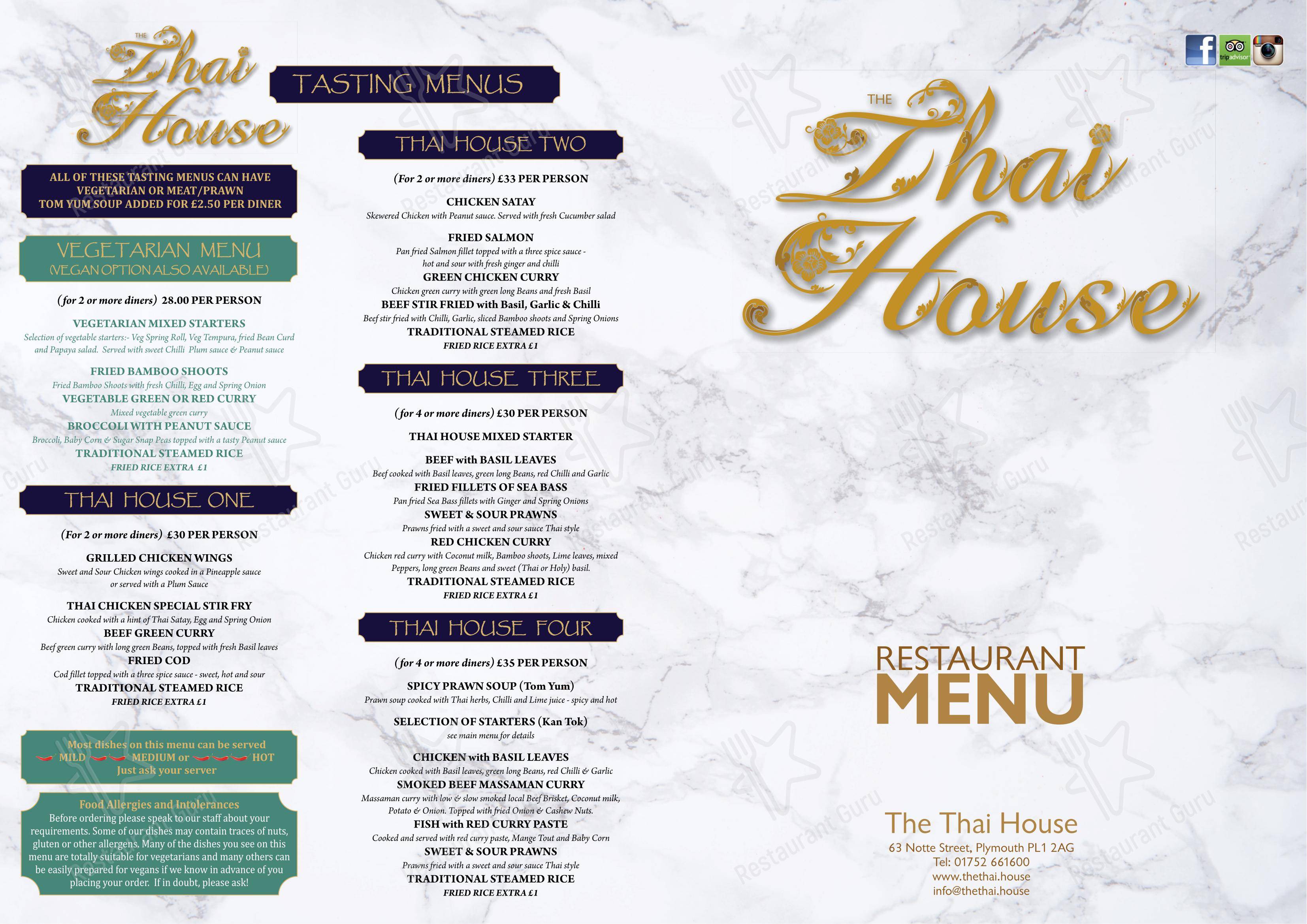 Menu at The Thai House restaurant, Plymouth