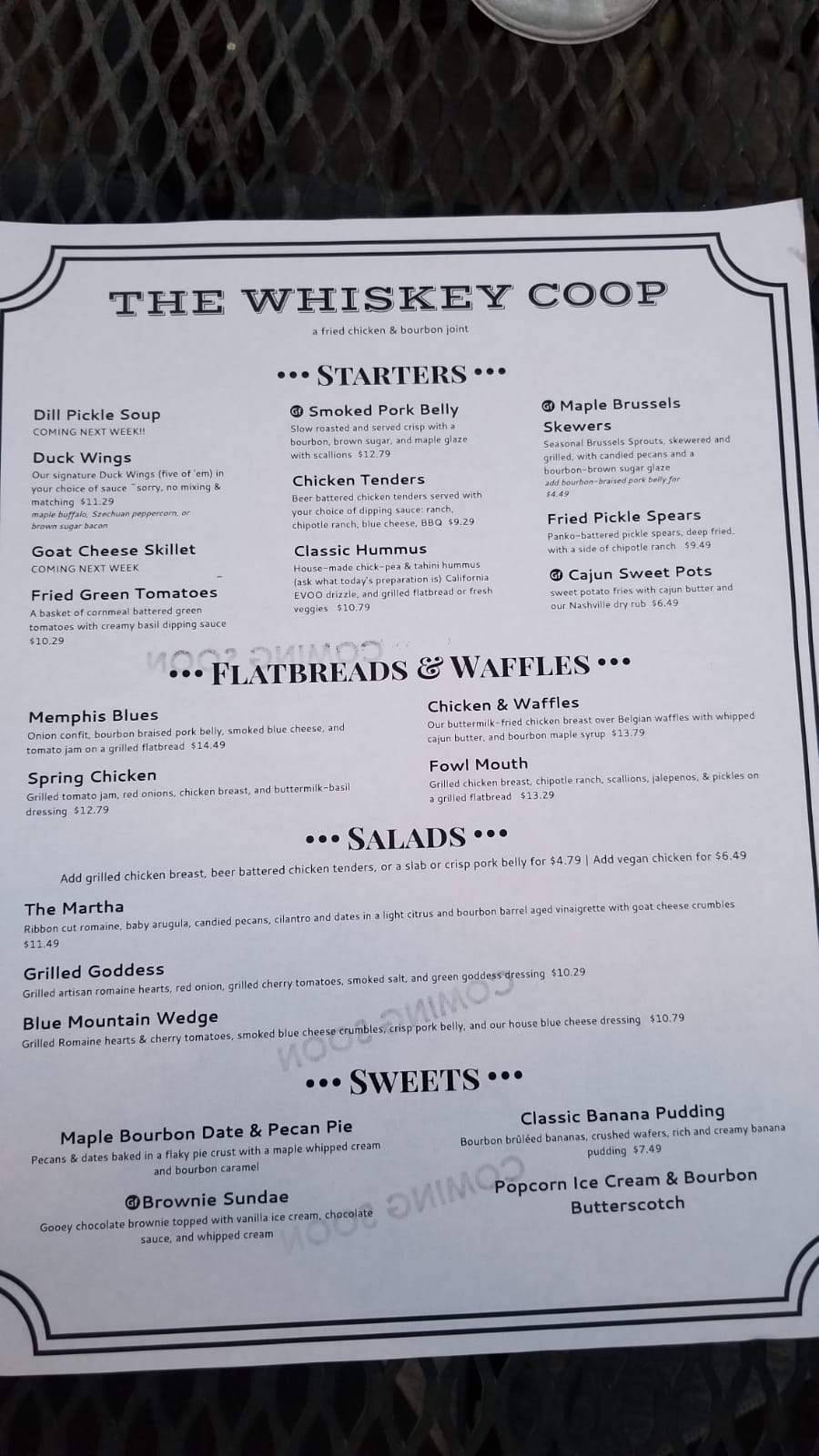 Menu at The Whiskey Coop pub & bar, Sackets Harbor
