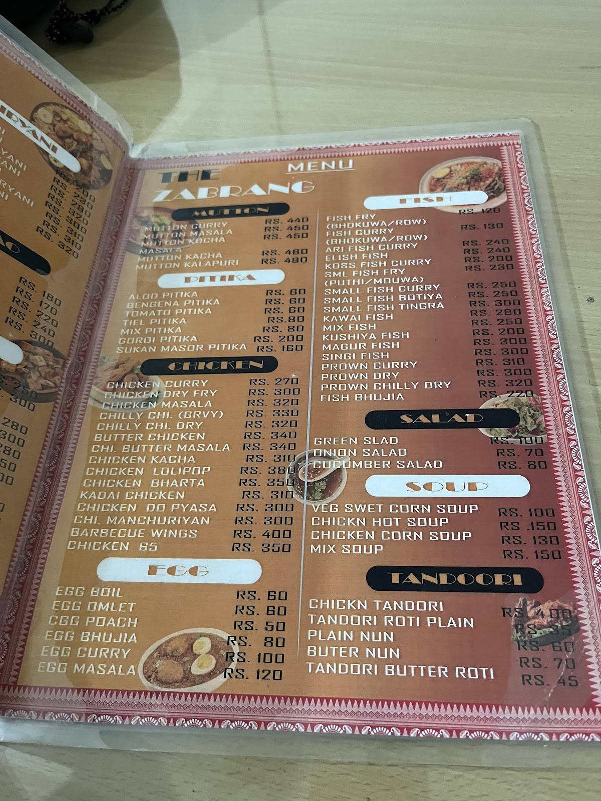 The Zabrang menu