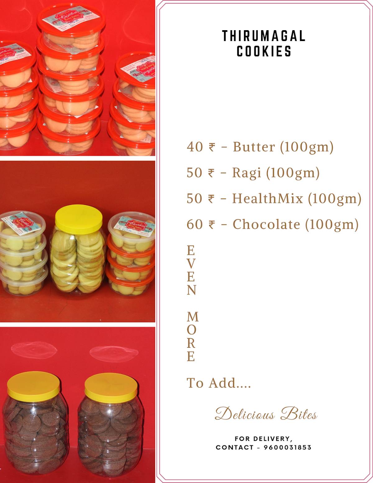 திருமகள் அடுமனை/Thirumagal (Home Baked Cakes & Cookies) menu